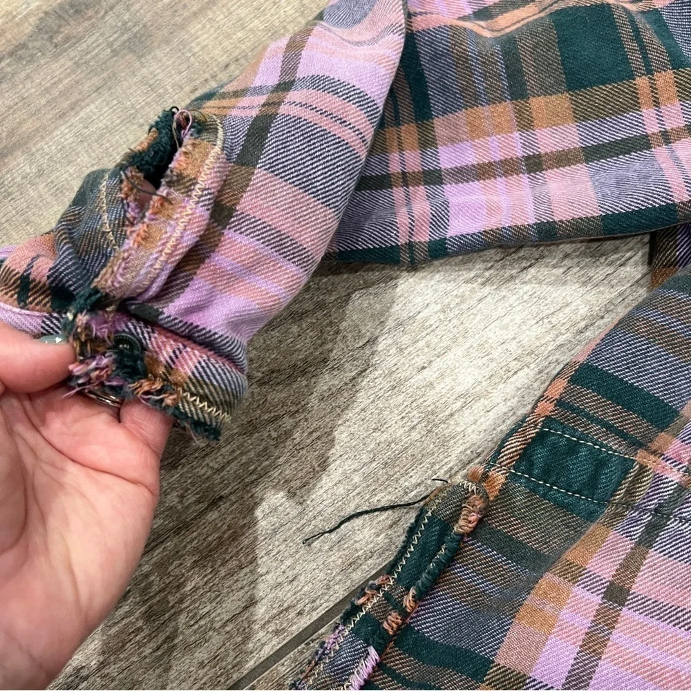 We The Free | Oversized Frayed Plaid Button Up Shirt Pink & Green - Picture 4 of 12